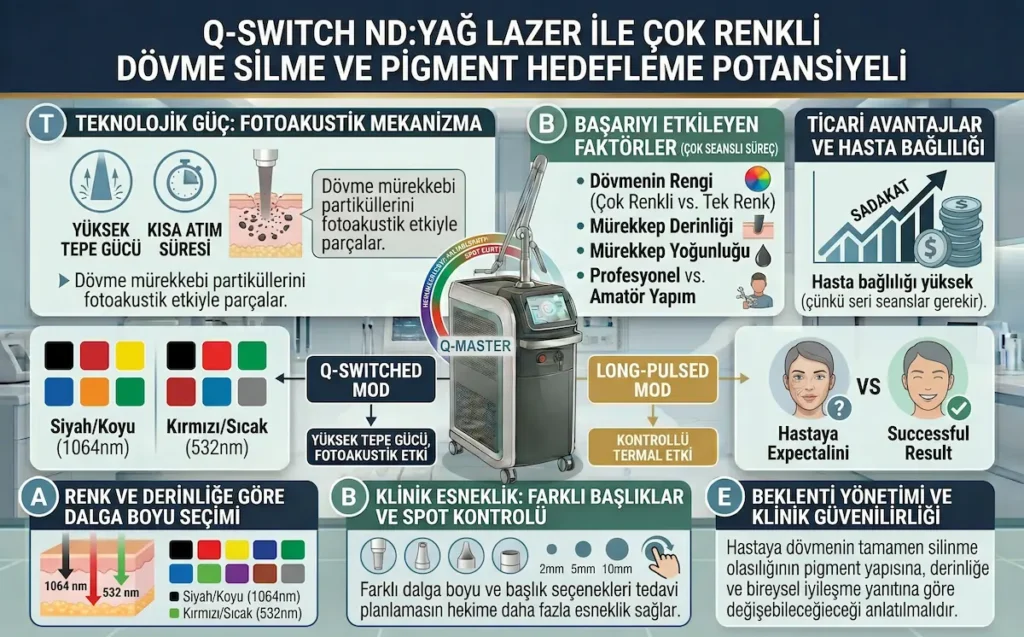Q-Master Plus q switch nd yag lazer cihazı ile çok renkli dövme silme, pigment hedefleme ve fotoakustik mekanizmayı gösteren infografik.