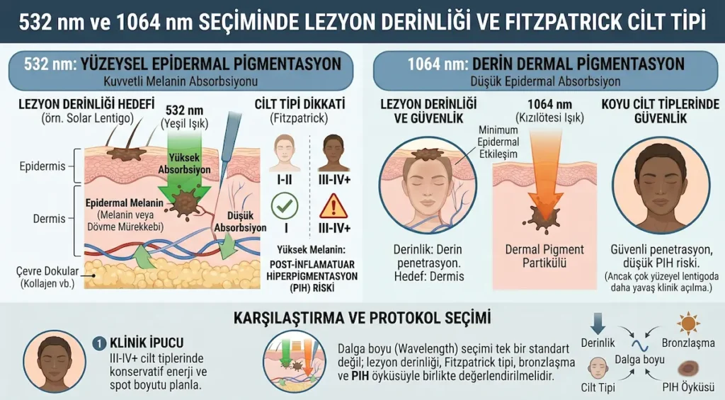 Q switch nd yag lazer uygulamalarında 532 nm ve 1064 nm dalga boyu seçiminin lezyon derinliği ve Fitzpatrick cilt tipine göre gösterimi
