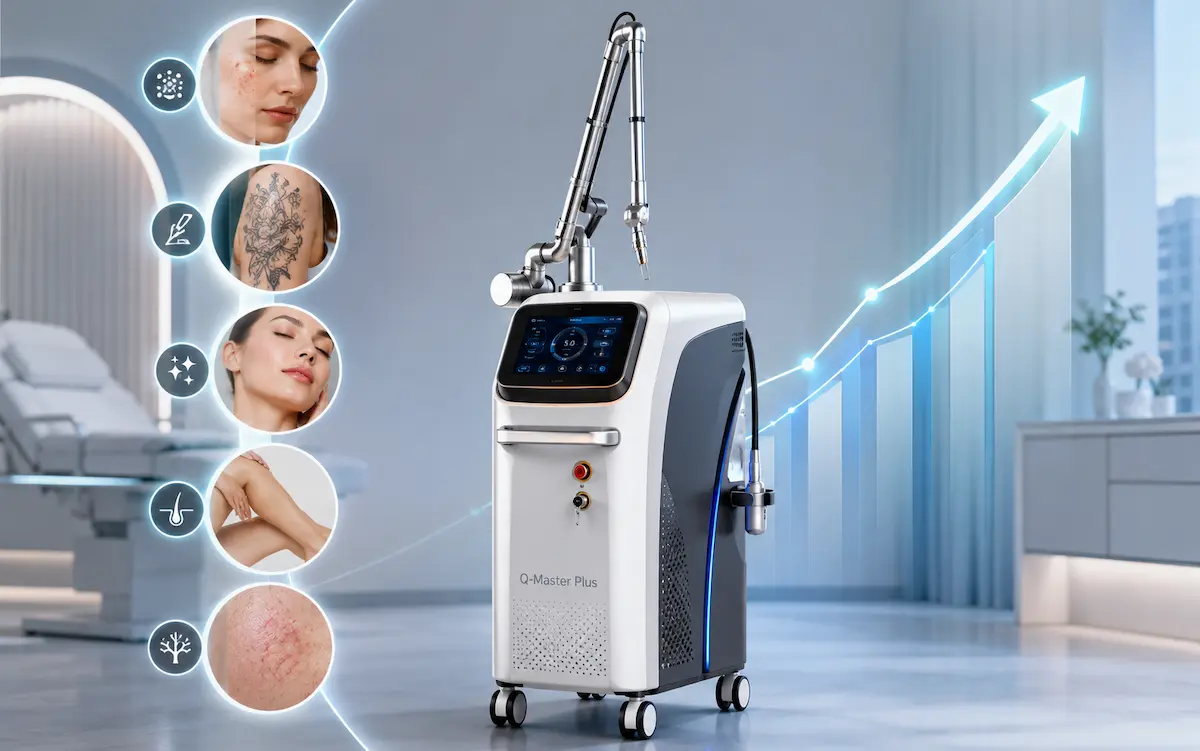Q-Master Plus hibrit q switch nd yag lazer cihazı; pigment, dövme silme, epilasyon, vasküler tedavi ve ROI görseli.