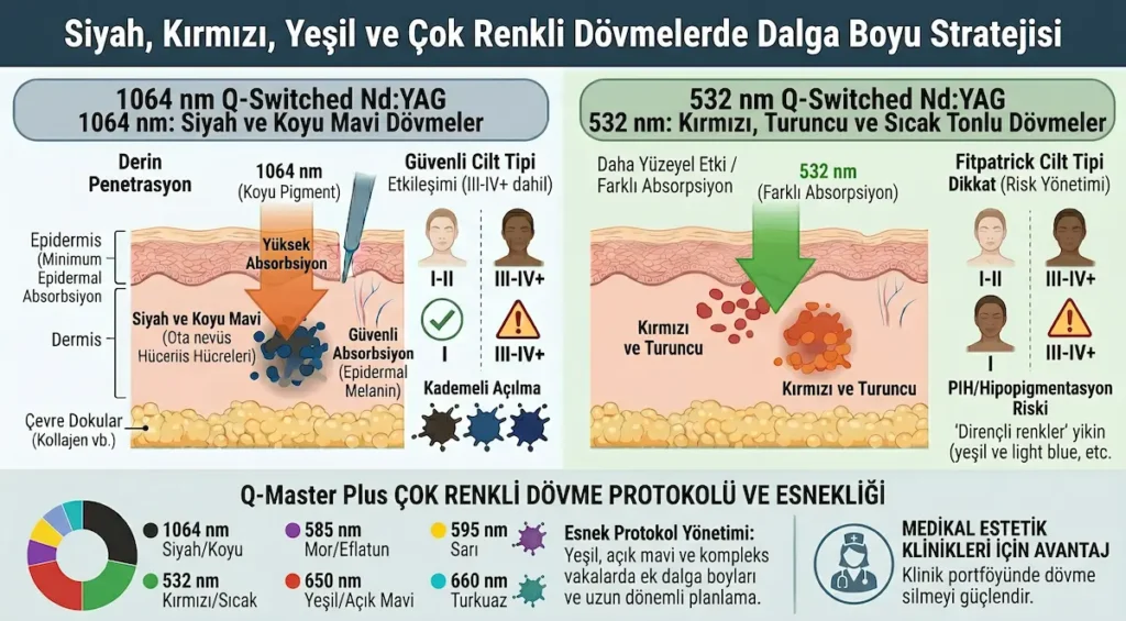 Q switch nd yag lazer ile siyah, kırmızı, yeşil ve çok renkli dövmelerde 1064 nm, 532 nm ve ek dalga boyu stratejisinin gösterimi