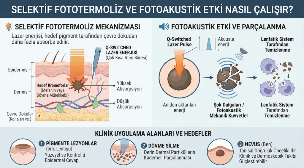Q switch nd yag lazer ile selektif fototermoliz ve fotoakustik etkinin pigment, dövme ve nevus hedeflerinde gösterimi
