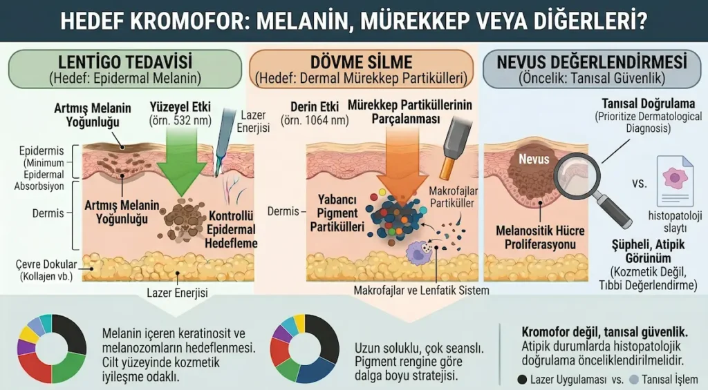 Q switch nd yag lazer ile lentigo, dövme ve nevus protokollerinde melanin, mürekkep partikülü ve tanısal güvenlik ayrımı