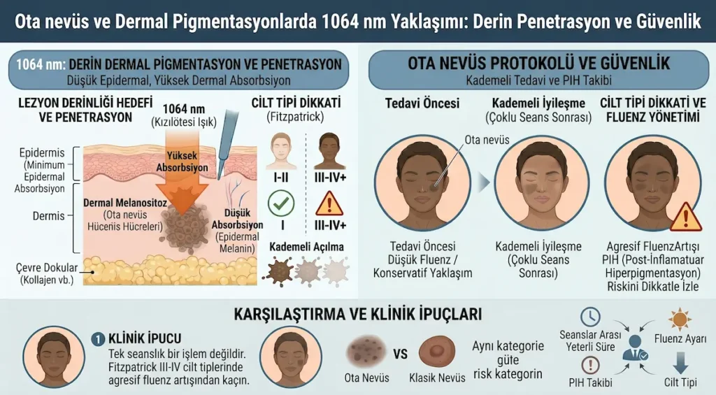 Q switch nd yag lazer ile Ota nevüs ve dermal pigmentasyonlarda 1064 nm dalga boyunun derin penetrasyon ve PIH riski açısından gösterimi