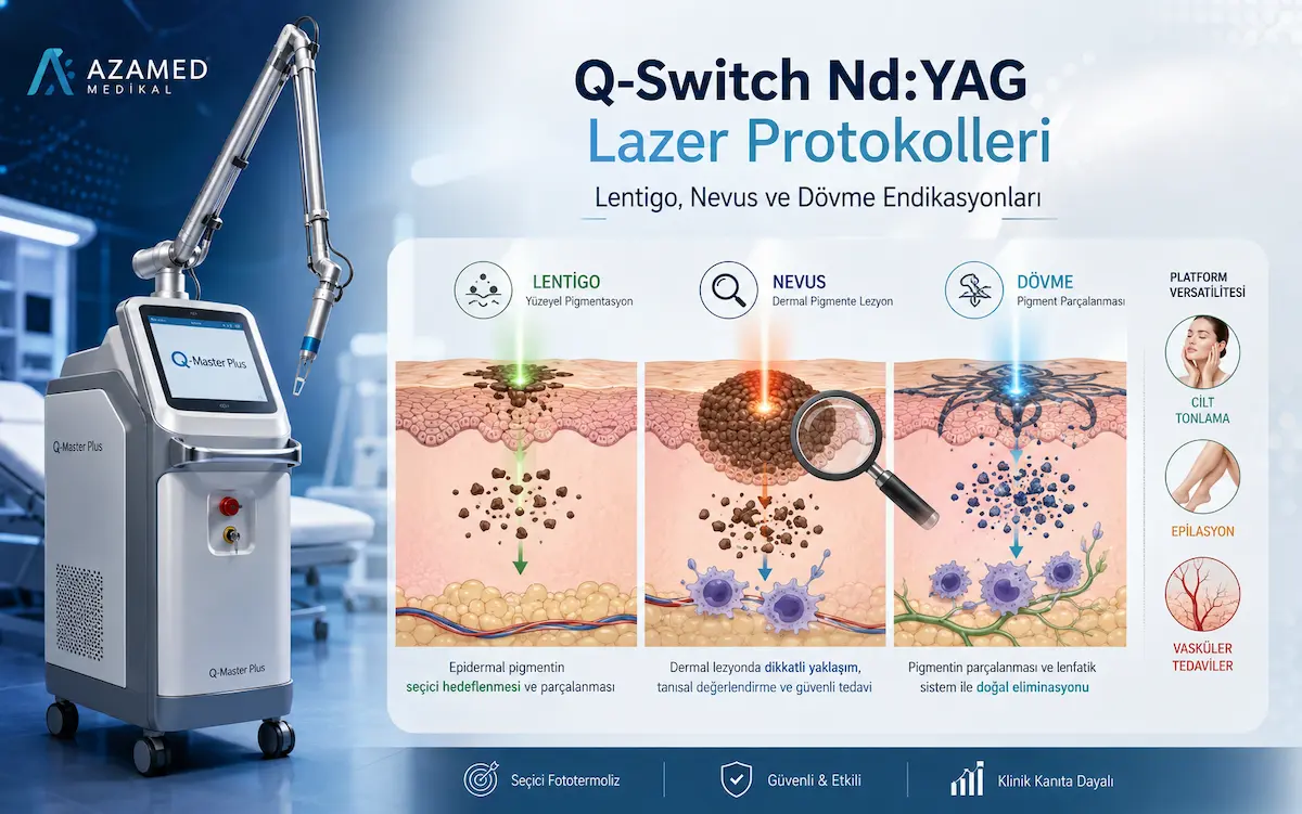 Q-Master Plus q switch nd yag lazer ile lentigo, nevus ve dövme protokollerini gösteren klinik uygulama görseli
