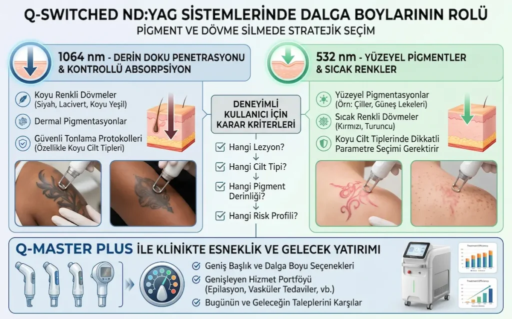Q-Master Plus q switch nd yag lazer cihazı ile 1064 nm ve 532 nm dalga boylarının pigment ve dövme silmede rolünü gösteren infografik.