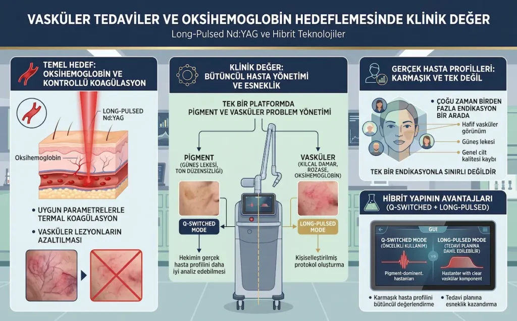 Q-Master Plus q switch nd yag lazer cihazı ile Long-Pulsed Nd:YAG oksihemoglobin hedefli vasküler tedavi infografiği.