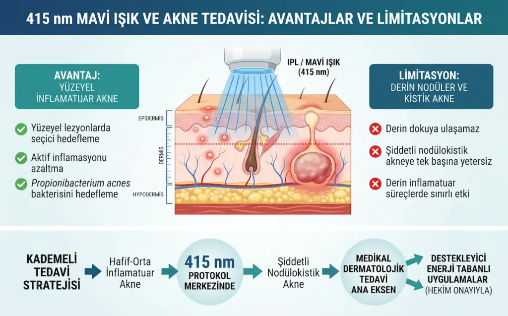 415 nm mavi ışık ile aktif akne tedavisinin yüzeyel inflamatuar aknedeki avantajlarını ve nodülokistik aknedeki limitasyonlarını gösteren infografik