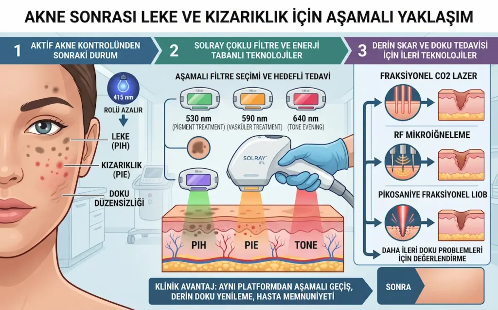 Akne sonrası leke, kızarıklık ve doku düzensizliğinde Solray IPL filtreleri ile fraksiyonel CO2, RF mikroiğneleme ve pikosaniye fraksiyonel LIOB teknolojilerine geçişi gösteren infografik