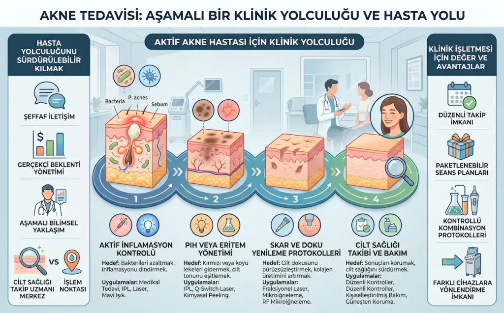 Aktif akne kontrolünden PIH ve eritem yönetimine, skar tedavisine ve cilt sağlığı takibine uzanan aşamalı akne tedavisi hasta yolculuğunu gösteren infografik