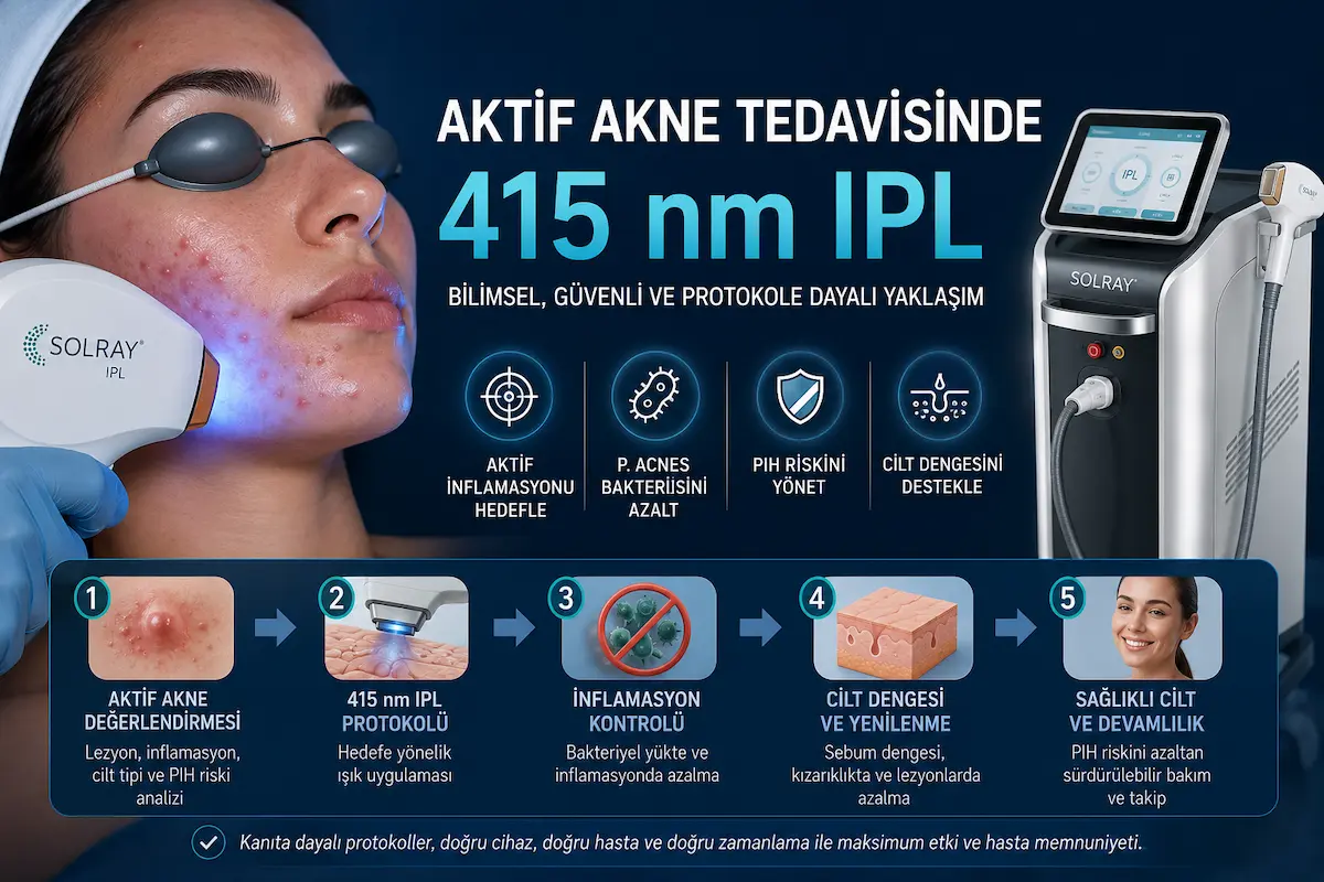 Aktif akne tedavisinde 415 nm IPL uygulaması, SOLRAY cihazı, inflamasyon kontrolü, C. acnes hedefi ve PIH risk yönetimini gösteren medikal estetik görsel