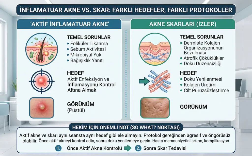 Aktif inflamatuar akne ile akne skarlarının farklı klinik hedef ve protokollerle yönetimini gösteren infografik