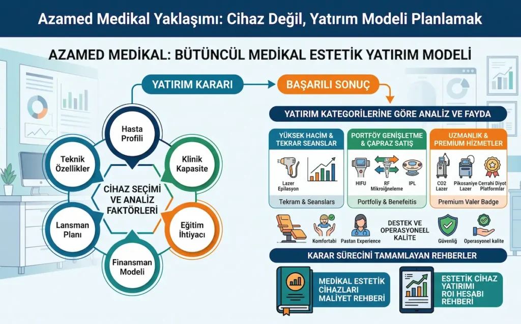 Azamed Medikal’in medikal estetik cihaz yatırım modelini; teknik özellikler, hasta profili, klinik kapasite, eğitim, lansman ve finansman faktörleriyle gösteren infografik