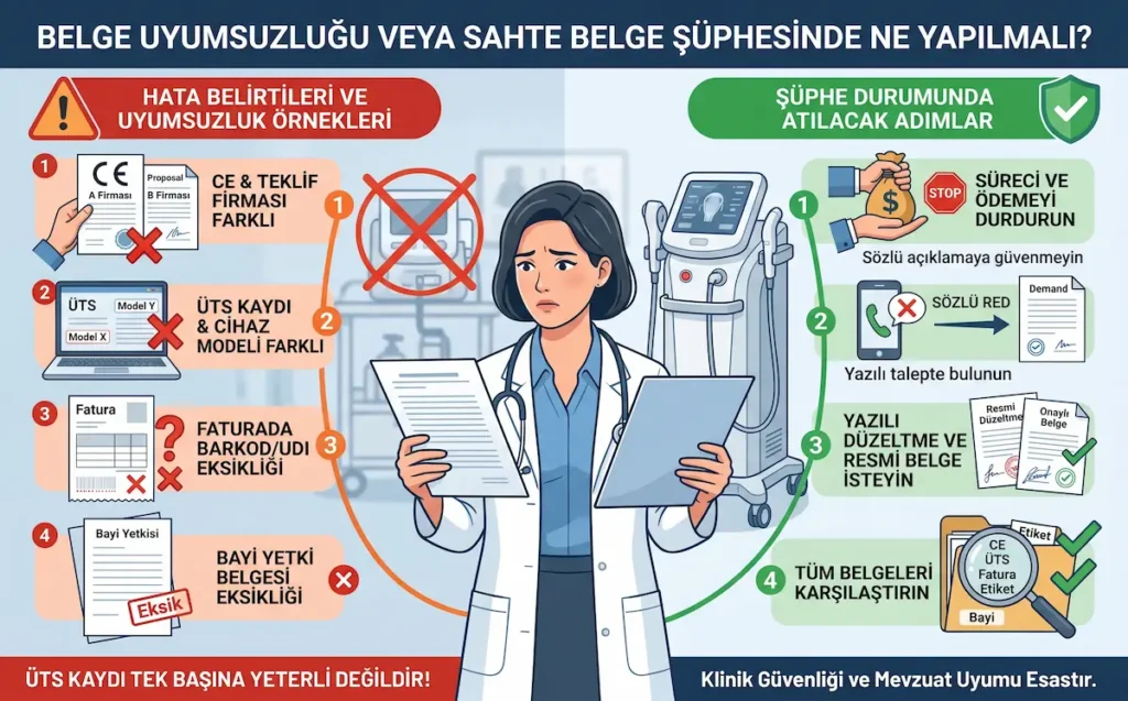 Medikal estetik cihaz alımında CE belgesi, ÜTS kaydı, fatura, barkod UDI ve bayi yetki belgesi uyumsuzluğu durumunda yapılacak doğrulama adımlarını gösteren infografik