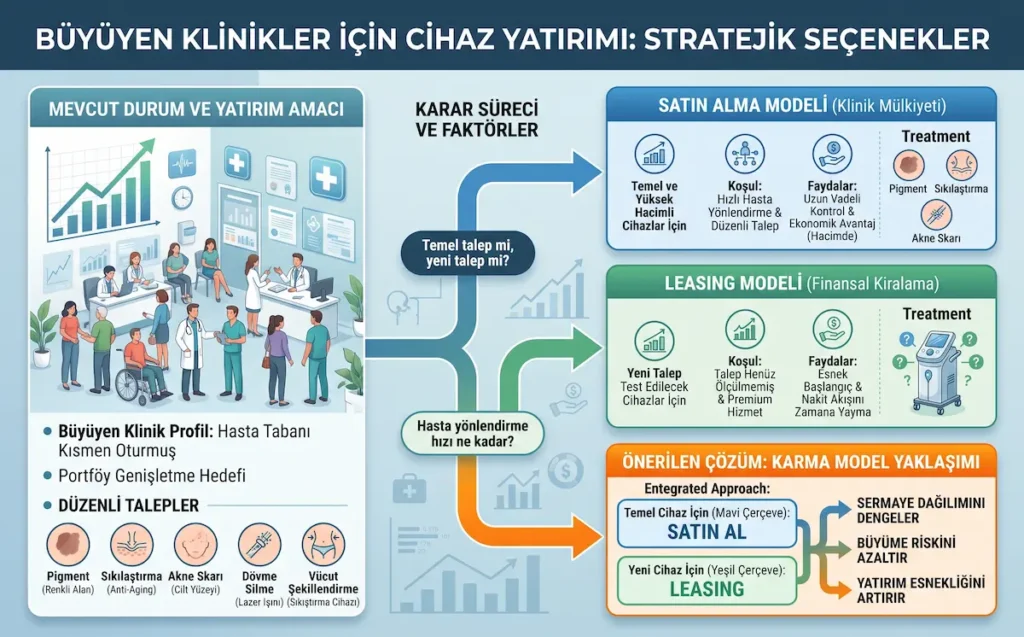 Büyüyen kliniklerde estetik cihaz yatırımı için satın alma, leasing ve karma finansman modelini hasta talebi, portföy genişletme ve nakit akışı açısından karşılaştıran infografik
