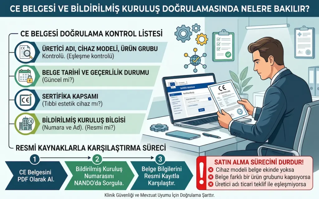 CE belgesi doğrulama kontrol listesi, üretici adı, cihaz modeli, belge tarihi, sertifika kapsamı ve bildirilmiş kuruluş NANDO sorgulama adımlarını gösteren infografik