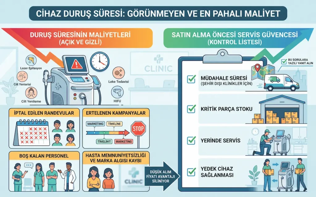 Estetik cihaz duruş süresinin iptal edilen randevular, ertelenen kampanyalar, boş kalan personel, hasta memnuniyetsizliği ve gelir kaybı üzerindeki etkisini gösteren servis güvencesi infografiği