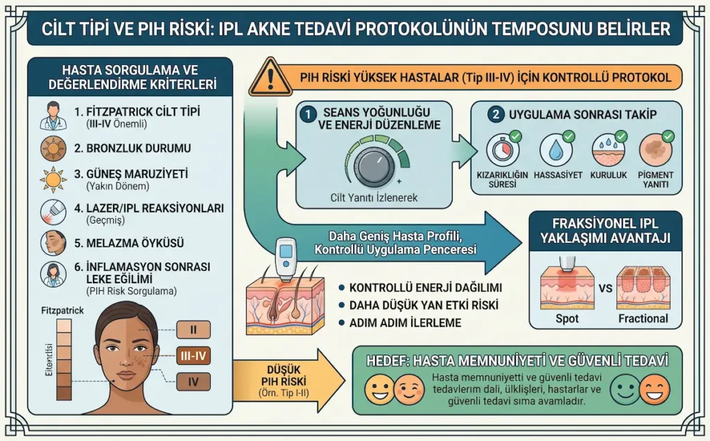 Fitzpatrick cilt tipi, bronzluk, güneş maruziyeti, melazma öyküsü ve PIH riskine göre IPL akne tedavi protokolünün nasıl kontrollü planlandığını gösteren infografik