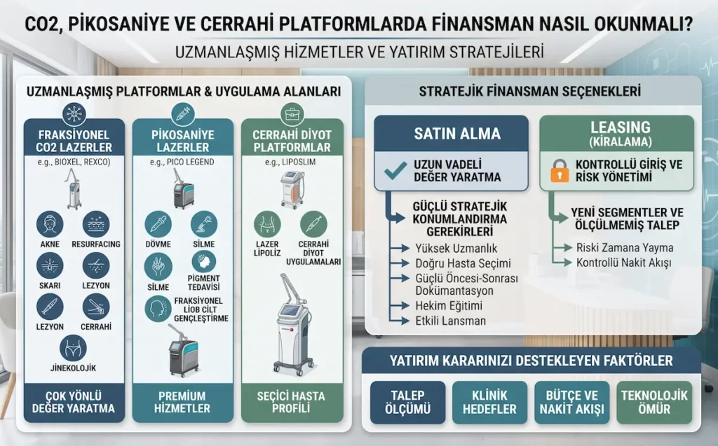 CO2 lazer, pikosaniye lazer ve cerrahi diyot platformlarda satın alma ve leasing finansman seçeneklerini karşılaştıran estetik cihaz yatırımı infografiği