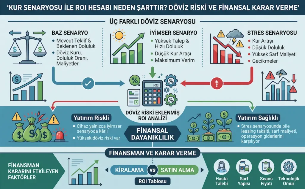 Estetik cihaz yatırımında döviz riski eklenmiş ROI analizi için baz, iyimser ve stres senaryolarını karşılaştıran finansal karar verme infografiği