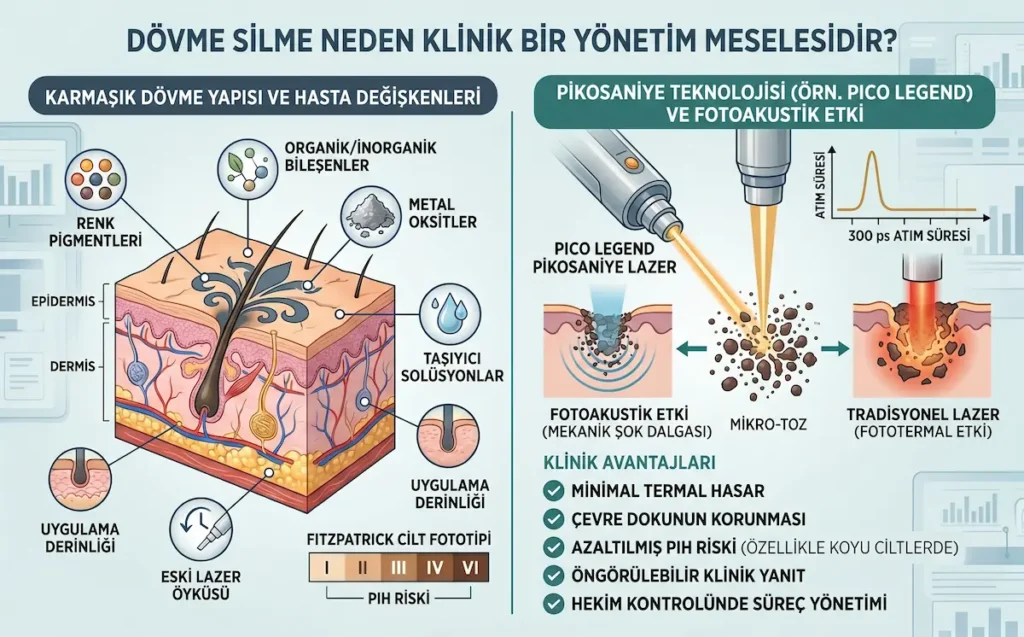 Dövme silme komplikasyon yönetiminde pigment yapısı, Fitzpatrick cilt tipi ve pikosaniye lazerin fotoakustik etkisini gösteren medikal infografik