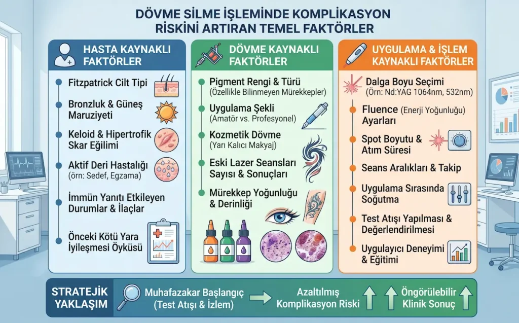 Dövme silme komplikasyon riskini artıran hasta, dövme ve uygulama kaynaklı faktörleri gösteren medikal infografik