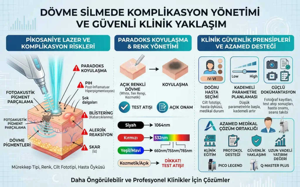 Dövme silmede komplikasyon yönetimi, paradoks koyulaşma, PIH, blistering, alerjik reaksiyon ve güvenli klinik yaklaşımı gösteren medikal infografik
