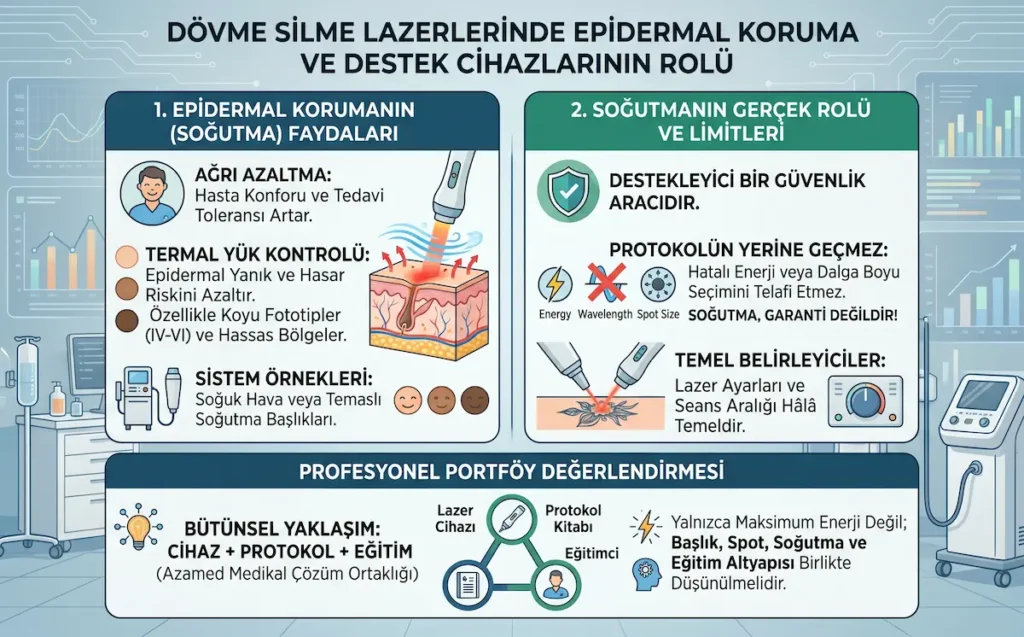 Dövme silme lazerlerinde epidermal koruma, soğutma desteği, termal yük kontrolü ve güvenli protokol planlamasını gösteren medikal infografik