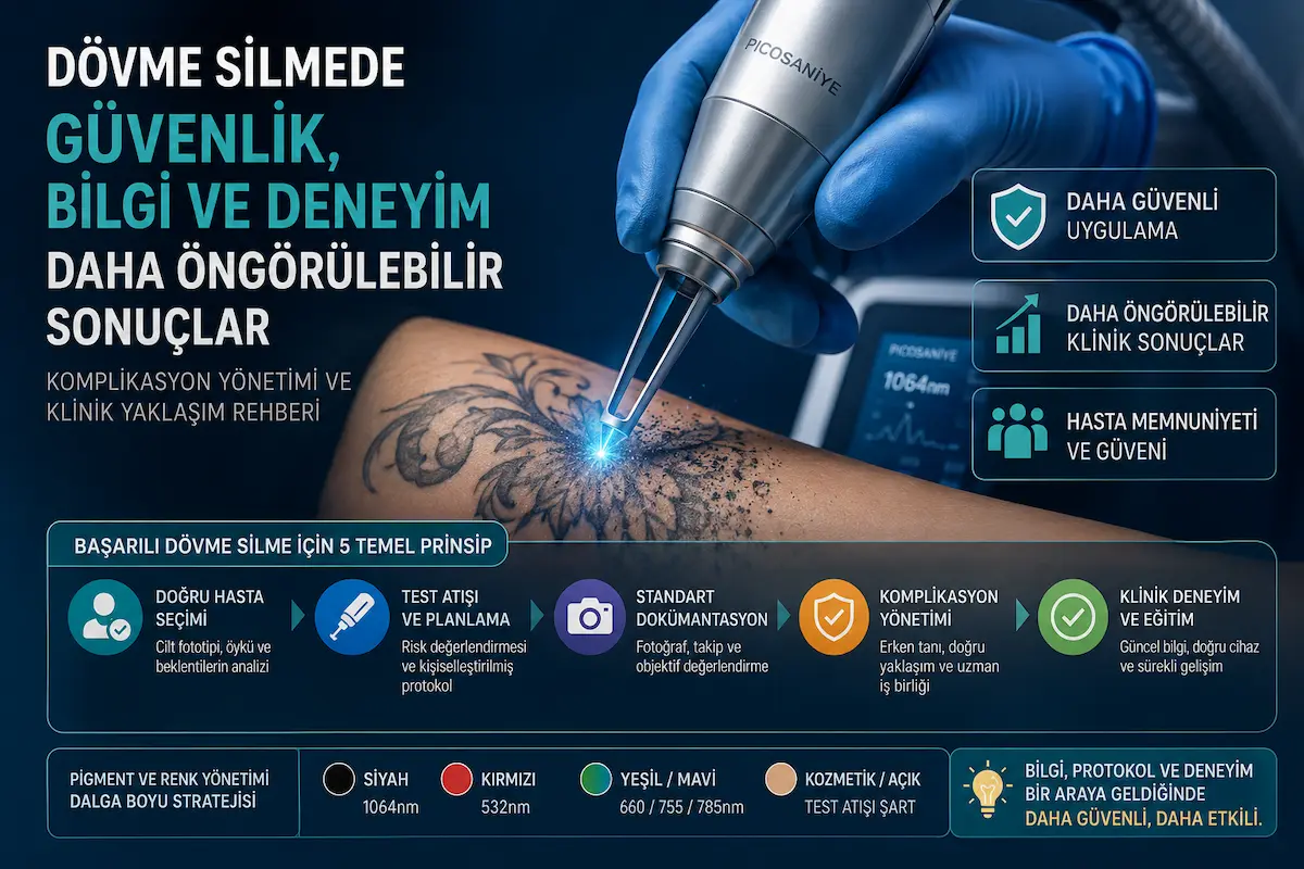 Pikosaniye lazerle dövme silmede güvenli uygulama, test atışı, standart dokümantasyon, komplikasyon yönetimi ve pigment rengi stratejisini gösteren öne çıkarılmış görsel