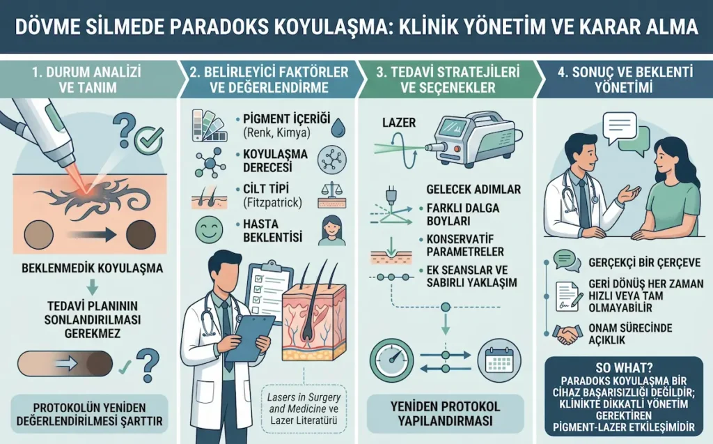 Dövme silmede paradoks koyulaşma geliştiğinde pigment içeriği, cilt tipi, lazer dalga boyu ve hasta beklentisine göre klinik yönetim sürecini gösteren infografik