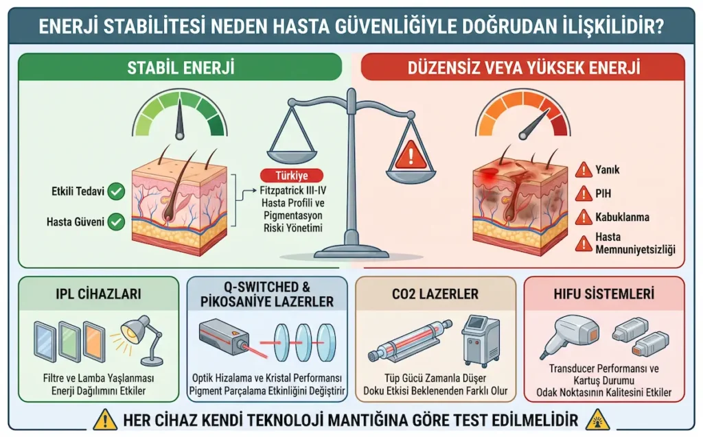 Estetik cihazlarda enerji stabilitesinin hasta güvenliğiyle ilişkisini, stabil enerji ile düzensiz yüksek enerji risklerini ve IPL, pikosaniye lazer, CO2 lazer ve HIFU sistemlerinde teknik test gerekliliğini gösteren infografik