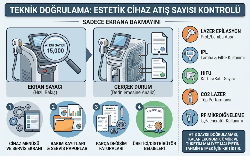 İkinci el estetik cihaz alımında atış sayısı kontrolü için ekran sayacı, servis raporu, bakım kaydı ve parça değişim belgelerinin doğrulanmasını gösteren infografik