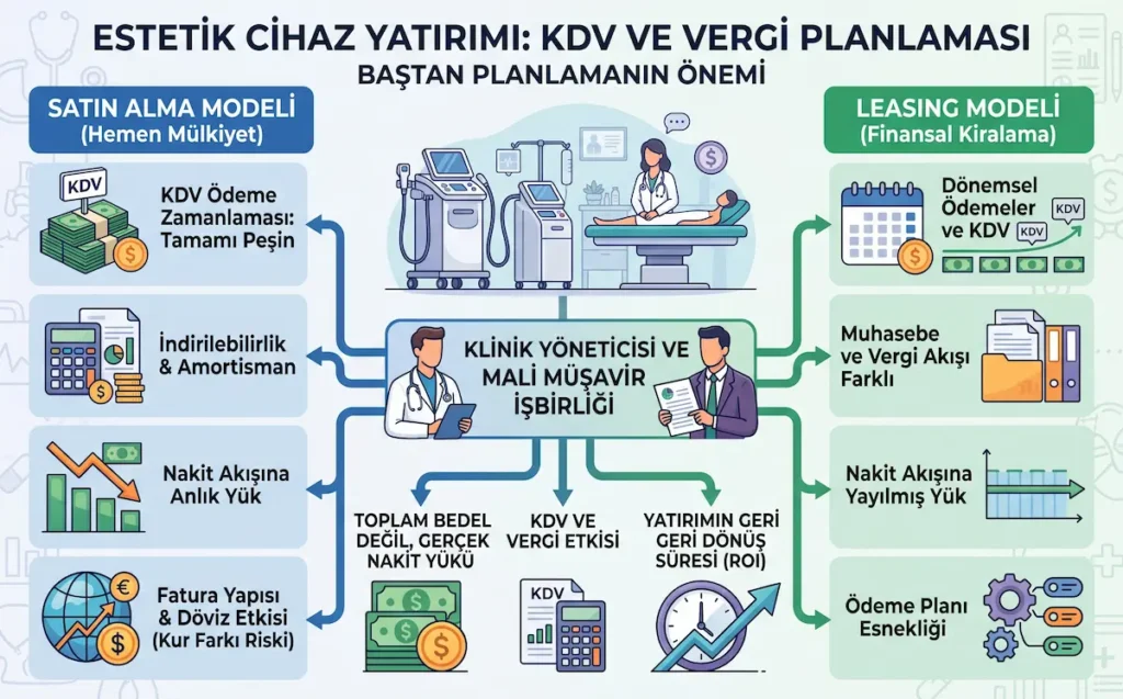Estetik cihaz yatırımında satın alma ve leasing modellerinin KDV, vergi planlaması, amortisman, nakit akışı ve ROI açısından karşılaştırılması