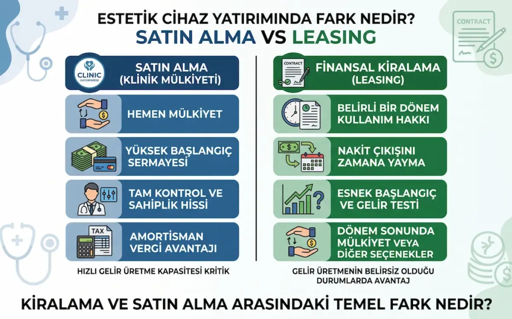 Estetik cihaz yatırımında satın alma ve finansal kiralama leasing modellerinin mülkiyet, nakit akışı, sermaye ve vergi açısından karşılaştırılması