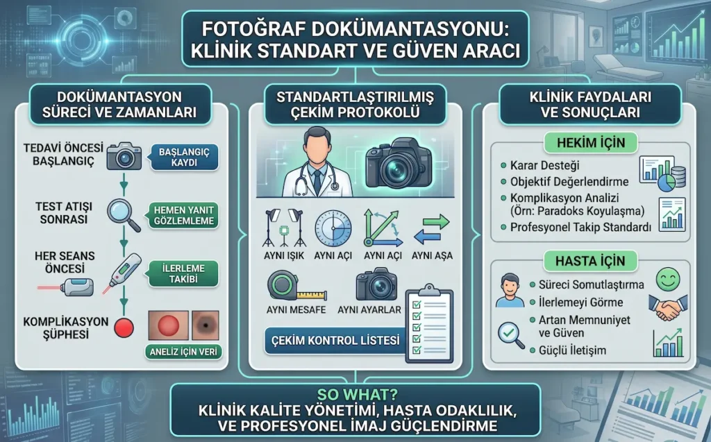 Dövme silme komplikasyon yönetiminde fotoğraf dokümantasyonu, standart çekim protokolü ve klinik takip faydalarını gösteren medikal infografik