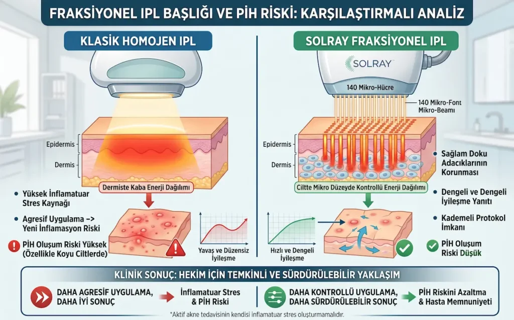Klasik homojen IPL ile Solray fraksiyonel IPL başlığını PIH riski, enerji dağılımı ve iyileşme yanıtı açısından karşılaştıran infografik