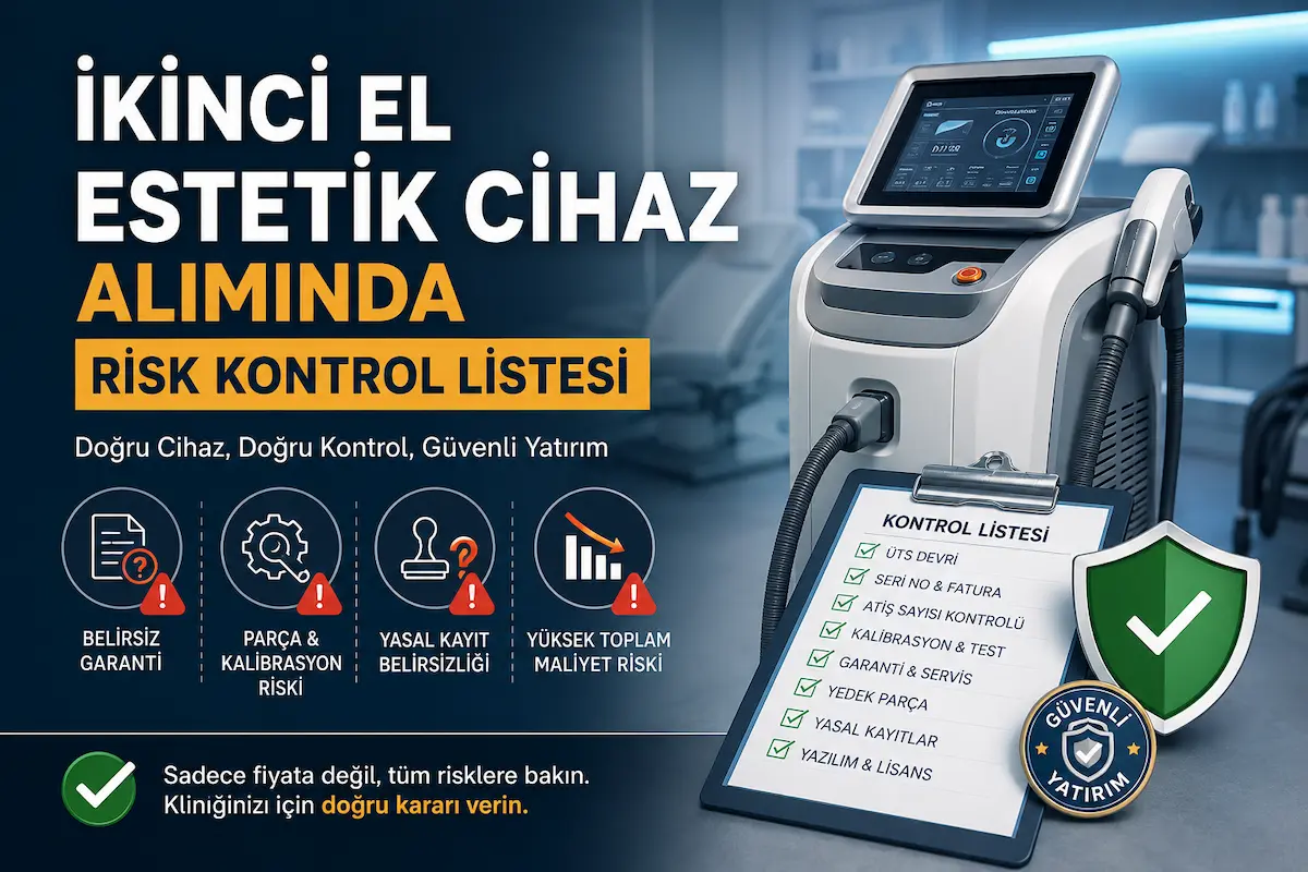 İkinci el estetik cihaz alımında garanti, parça, kalibrasyon, yasal kayıt, atış sayısı ve toplam maliyet risklerini gösteren öne çıkarılmış görsel