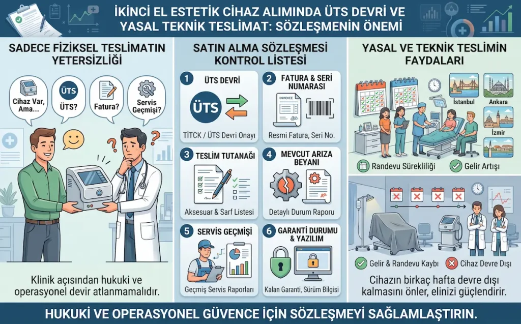 İkinci el estetik cihaz alımında ÜTS devri, fatura, seri numarası, teslim tutanağı, servis geçmişi, garanti durumu ve yazılım bilgilerinin sözleşmeyle güvenceye alınmasını gösteren infografik