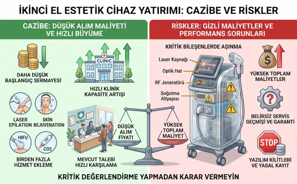 İkinci el estetik cihaz alımında düşük maliyet avantajı ile servis, garanti, parça ve yasal kayıt risklerini gösteren infografik