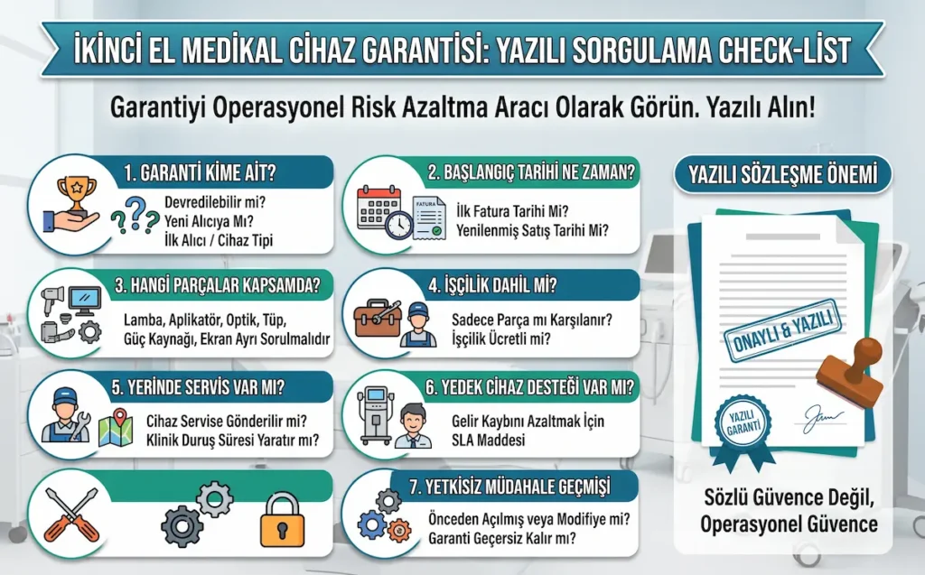 İkinci el medikal cihaz garantisinde garanti devri, başlangıç tarihi, parça kapsamı, işçilik, yerinde servis, yedek cihaz desteği ve yetkisiz müdahale geçmişinin yazılı sorgulanmasını gösteren infografik