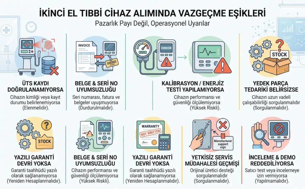 İkinci el tıbbi cihaz alımında ÜTS kaydı, belge ve seri numarası uyumsuzluğu, kalibrasyon testi, yedek parça, garanti devri, yetkisiz servis müdahalesi ve demo reddi gibi vazgeçme eşiklerini gösteren infografik