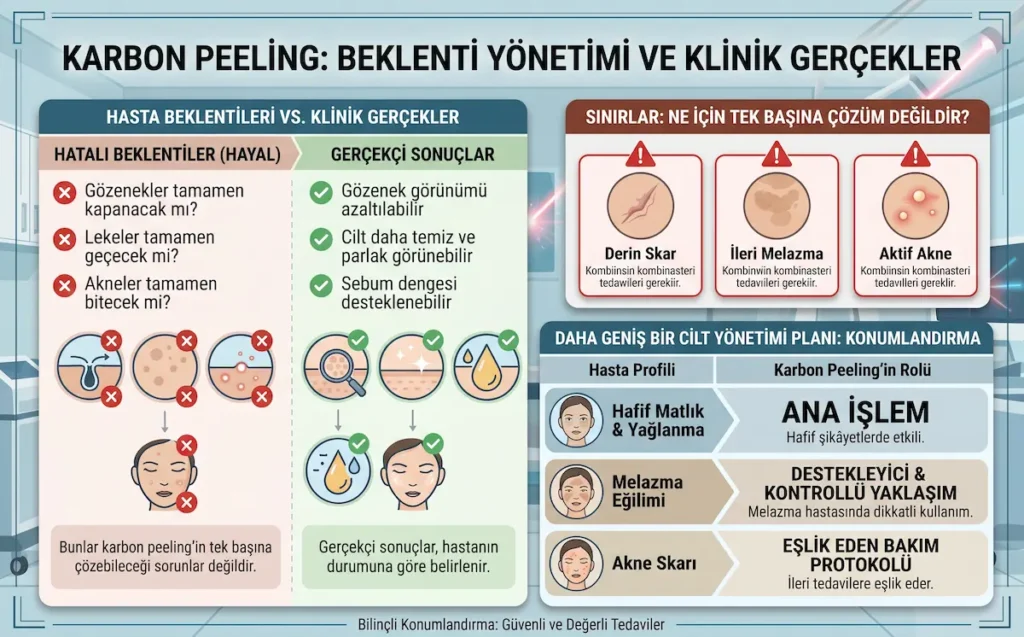 Karbon peeling beklenti yönetimi, gerçekçi sonuçlar, işlem sınırları, derin skar, melazma, aktif akne ve cilt yönetimi planını gösteren medikal estetik infografiği.
