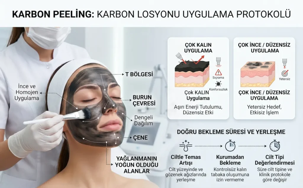 Karbon peeling protokolünde karbon losyonunun ince ve homojen uygulanmasını, T bölgesi, burun çevresi, çene ve yağlı alanlarda doğru dağılımı gösteren klinik infografik.
