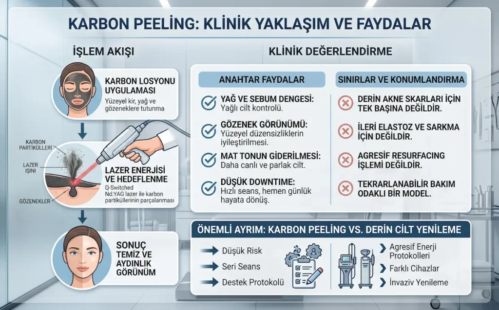 Karbon peeling işlem akışı, Q-switched Nd:YAG lazerle karbon partiküllerinin hedeflenmesi, klinik faydalar ve sınırları gösteren bilgilendirici medikal estetik infografiği.