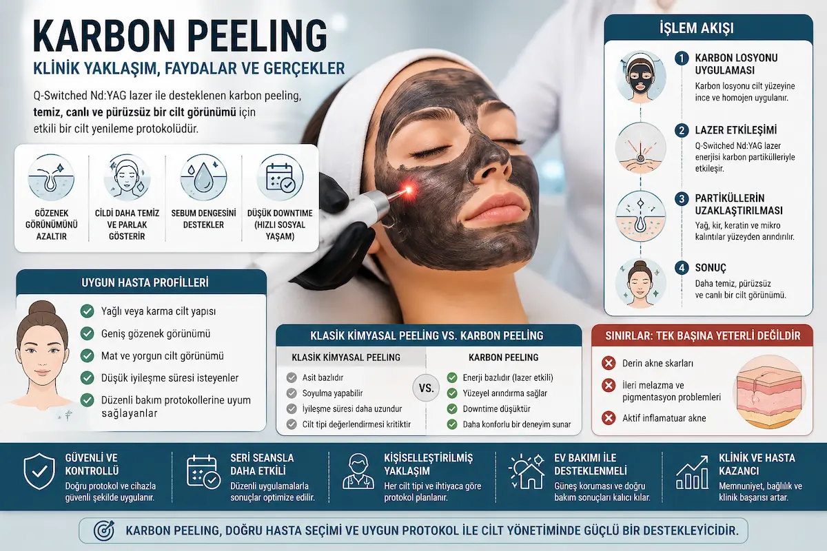 Q-switched Nd:YAG ile karbon peeling uygulamasını, işlem akışı, uygun hasta profilleri, karbon peeling faydaları, sınırları ve klinik protokol yaklaşımıyla gösteren SEO uyumlu öne çıkarılmış görsel.