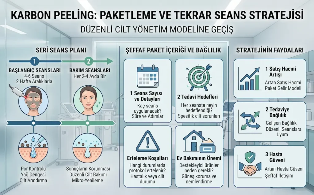 Karbon peeling paketleme ve tekrar seans stratejisini, başlangıç seansları, bakım seansları, şeffaf paket içeriği, hasta bağlılığı ve klinik faydalarıyla gösteren medikal estetik infografiği.