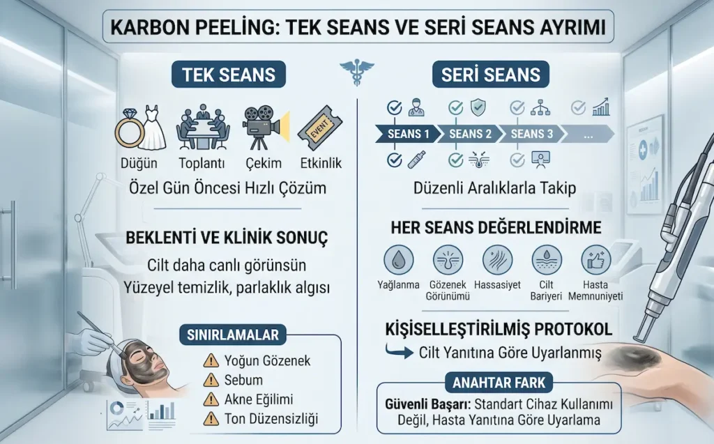 Karbon peeling protokolünde tek seans ve seri seans farkını, özel gün öncesi hızlı bakım ile düzenli seans takibi ve kişiselleştirilmiş protokol yaklaşımını gösteren medikal estetik infografiği.