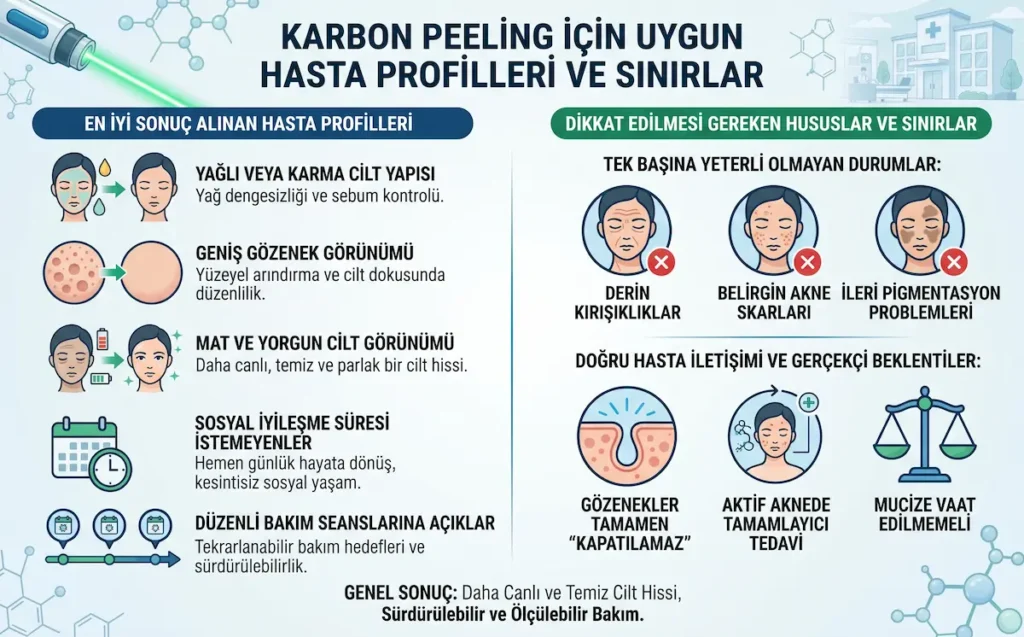 Karbon peeling için uygun hasta profilleri, yağlı cilt, geniş gözenek, mat cilt görünümü ve işlem sınırlarını gösteren SEO uyumlu medikal estetik infografiği.