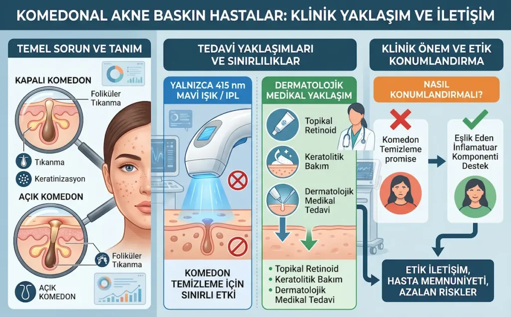 Komedonal akne baskın hastalarda 415 nm IPL tedavisinin sınırlılıklarını, dermatolojik medikal yaklaşımı ve etik hasta iletişimini gösteren infografik