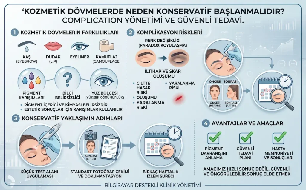 Kozmetik dövmelerde paradoks koyulaşma, pigment belirsizliği, test atışı ve güvenli tedavi planını gösteren medikal infografik