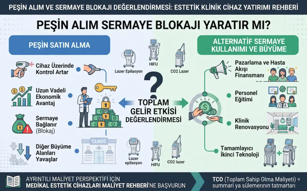 Estetik cihaz yatırımında peşin satın almanın sermaye blokajı, nakit akışı, alternatif bütçe kullanımı ve klinik büyüme üzerindeki etkilerini gösteren infografik